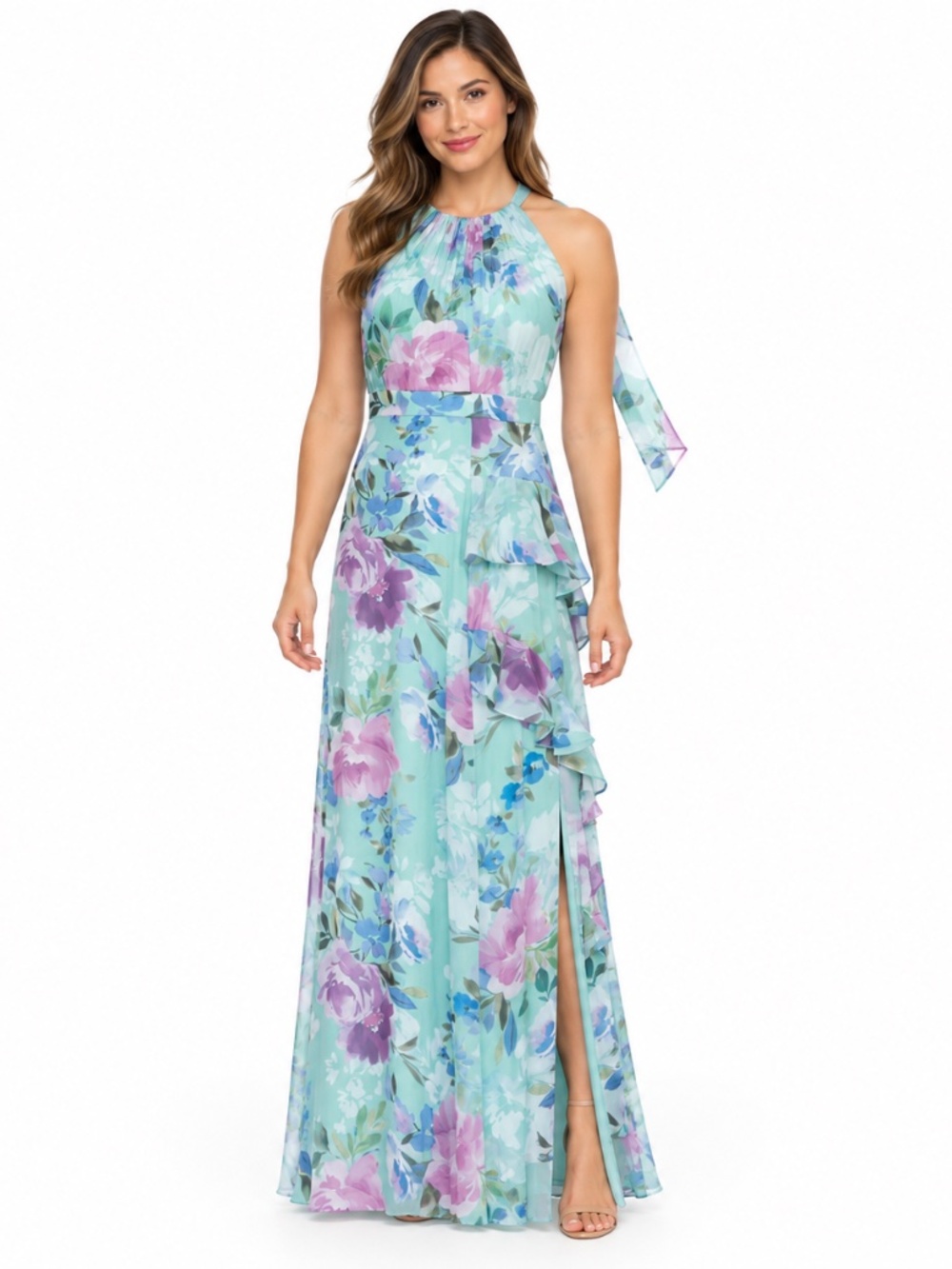 Betsy & Adam - Petite Floral Ruffled Halter Gown NWT